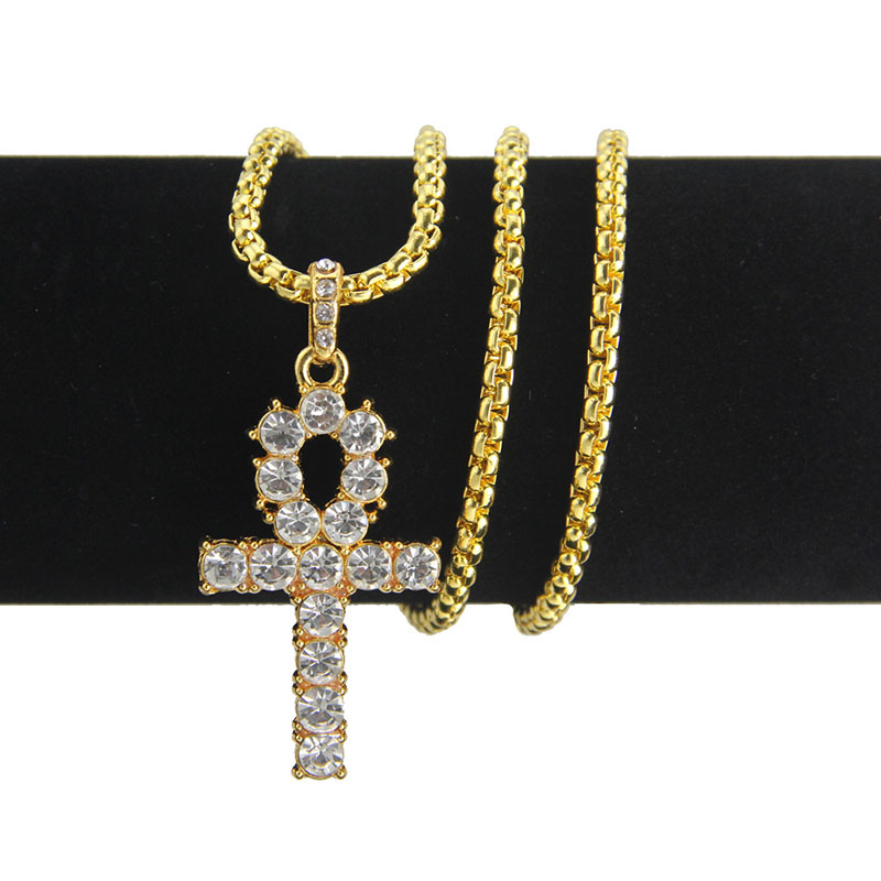 Wholesale Egyptian Cross Hip Hop Pendant Long Necklace With Diamonds