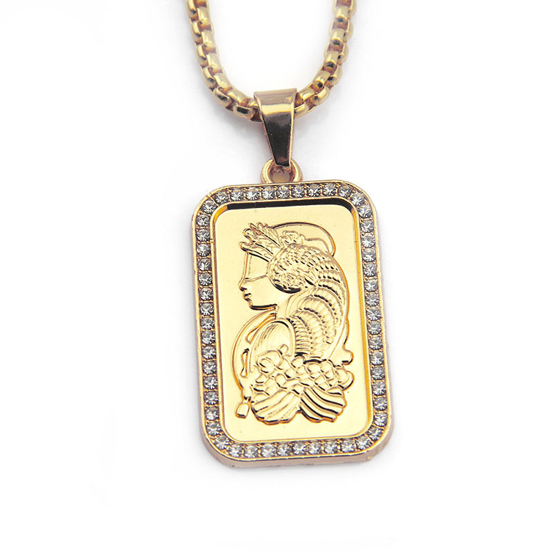 Wholesale Hip Hop Rectangular Figure Head Pendant Necklace With Diamonds