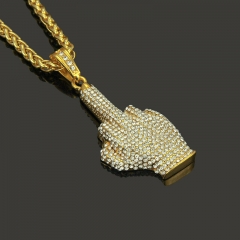 Wholesale Dominating Men's Middle Finger With Diamond Pendant Gold Necklace