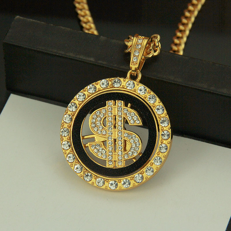 Wholesale Hip Hop Three Dimensional Spinning Diamond Set Dollar Pendant Necklace