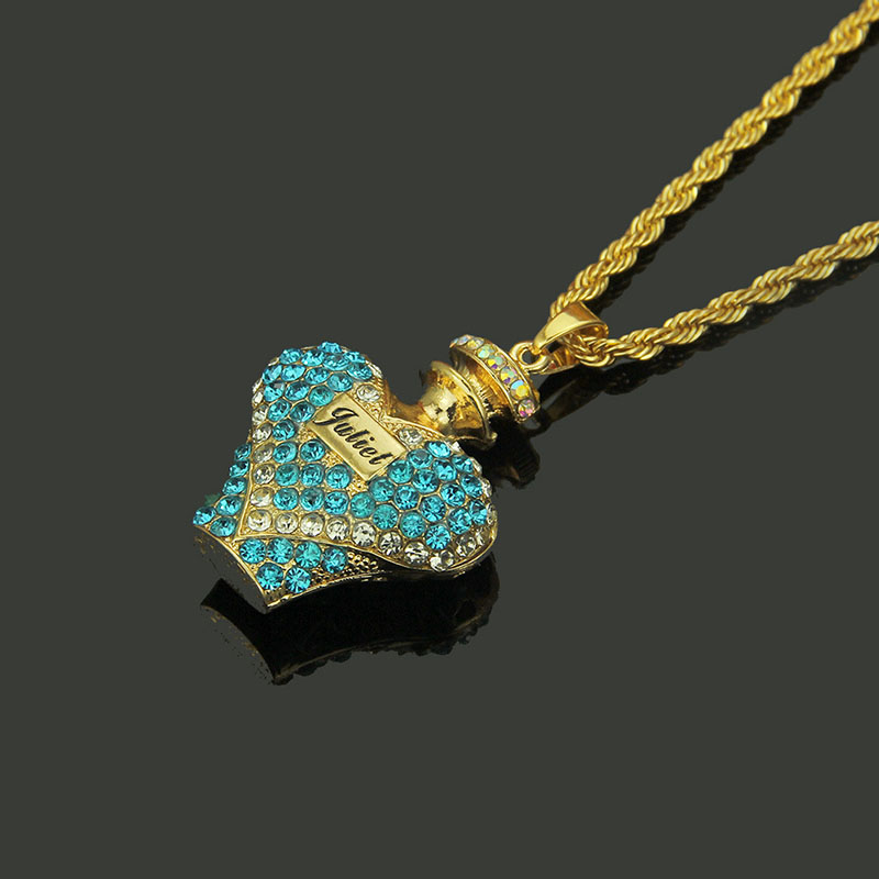 Wholesale Stereoscopic Diamond Encrusted Peach Heart Shaped Perfume Bottle Pendant Necklace