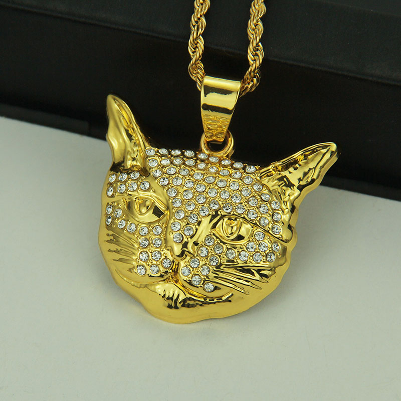 Wholesale Diamond Encrusted Cat Head Pendant Necklace