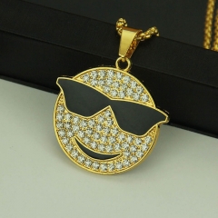 Wholesale Hip-hop Diamond-encrusted Smiley Face Glasses Pendant Necklace