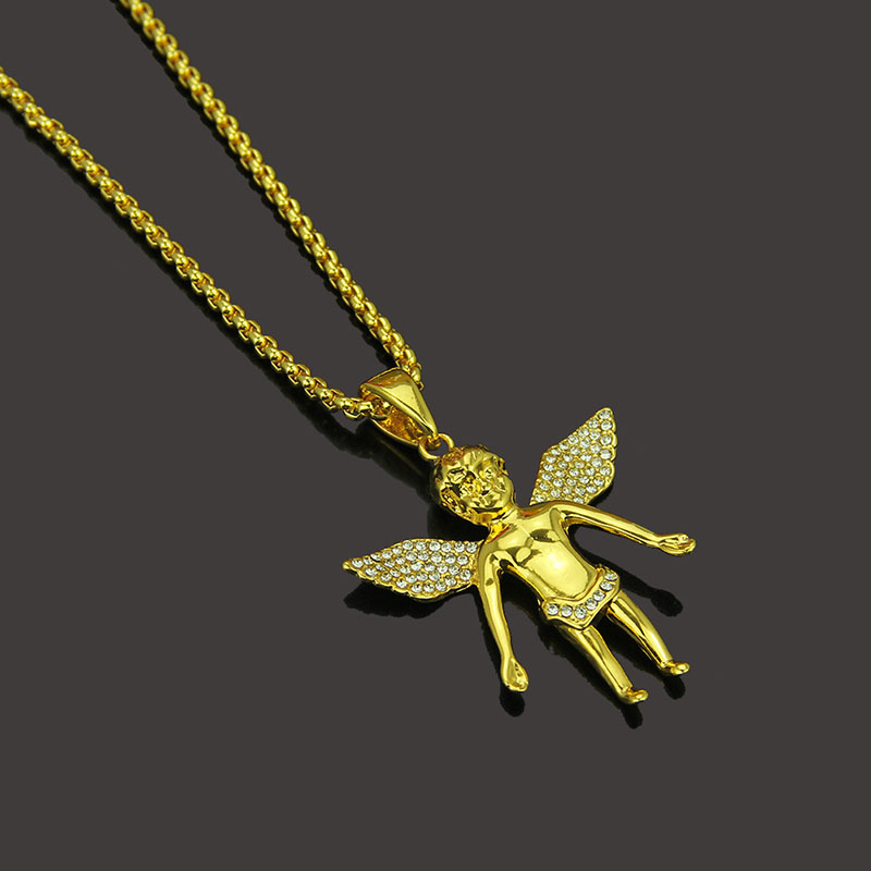 18k Gold And Diamond Angel Pendant Necklace Hip Hop Collarbone Chain Supplier