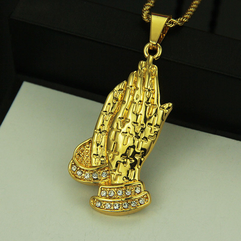 Wholesale Hip Hop Necklace With Overbearing Punk Buddha Hand And Diamond Pendant