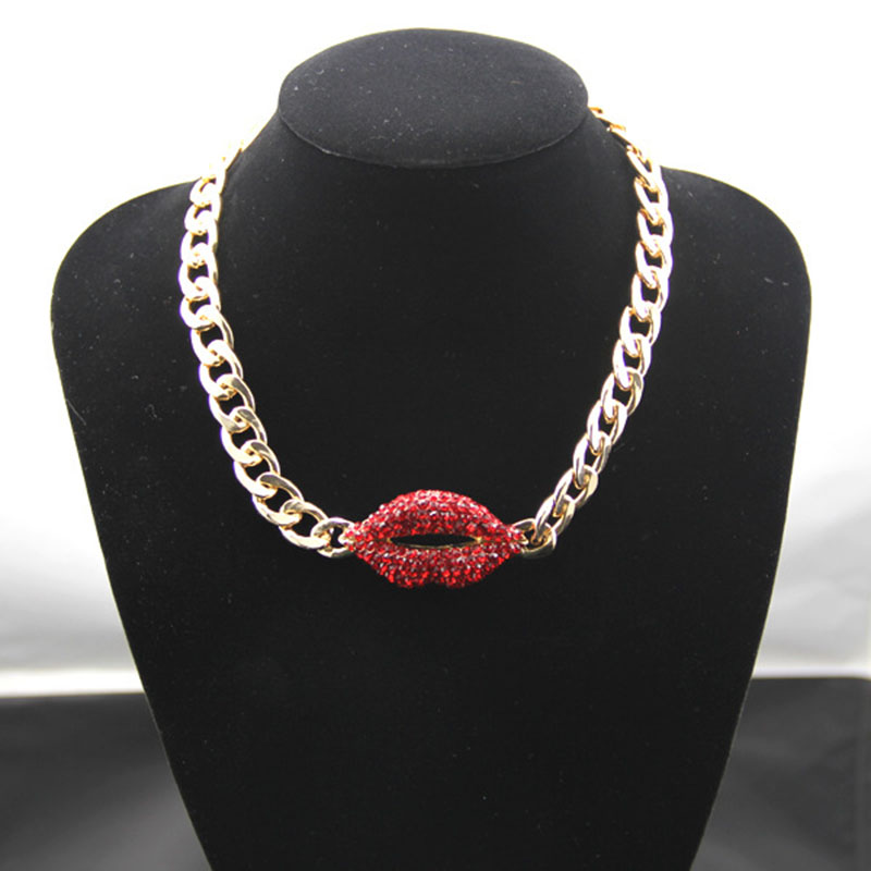 Vintage Necklace Alloy With Diamonds Red Lips Pendant Clasp Chain Supplier