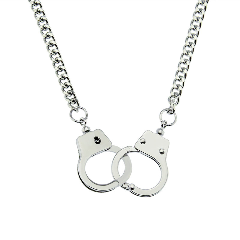 Wholesale Jewelry Creative Three-dimensional Glossy Double Handcuff Pendant Necklace Silver Cuba Chain