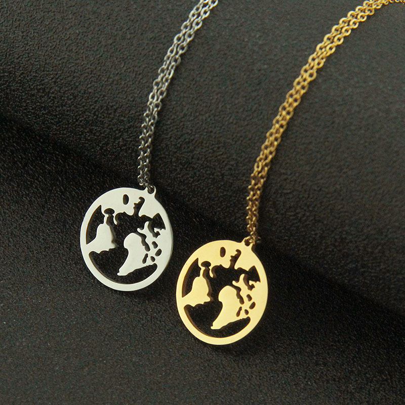 Wholesale Jewelry Couple's Stainless Steel World Map Pendant Necklace With Glossy Three-dimensional Graphic