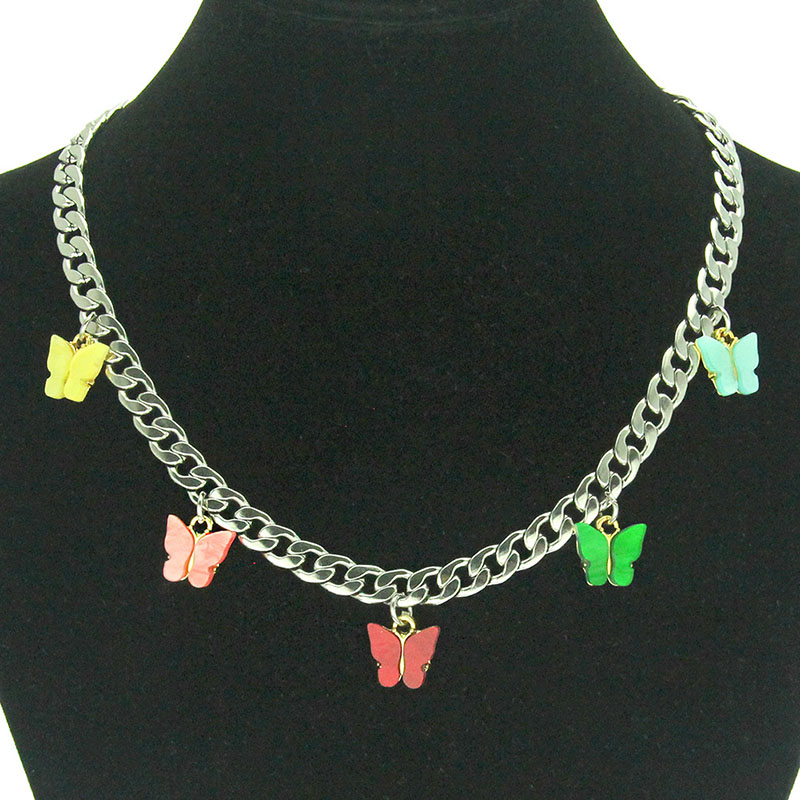 Wholesale Jewelry Colourful Butterfly Polished Stainless Steel Cuban Necklace
