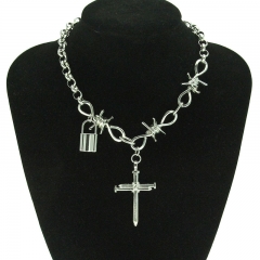 Wholesale Jewelry Simple Silver Three Dimensional Cross Lock Pendant Necklace In Thorny Metal