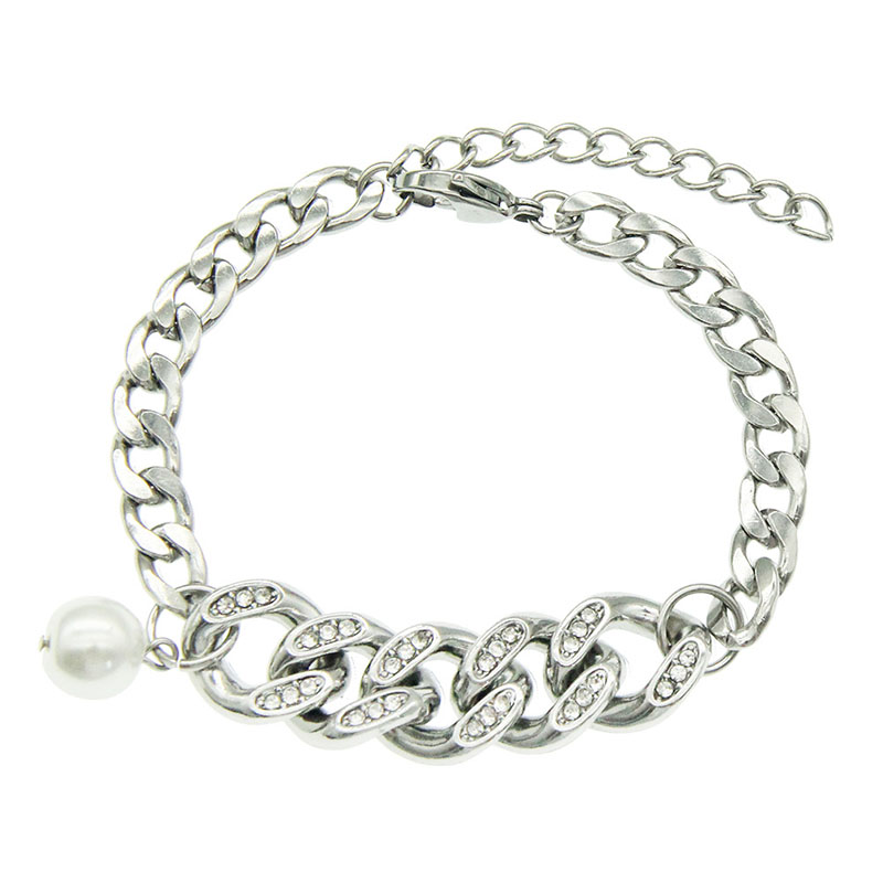 Hip Hop Diamond Encrusted Titanium And Pearl Simple Cuban Chain Bracelet Supplier