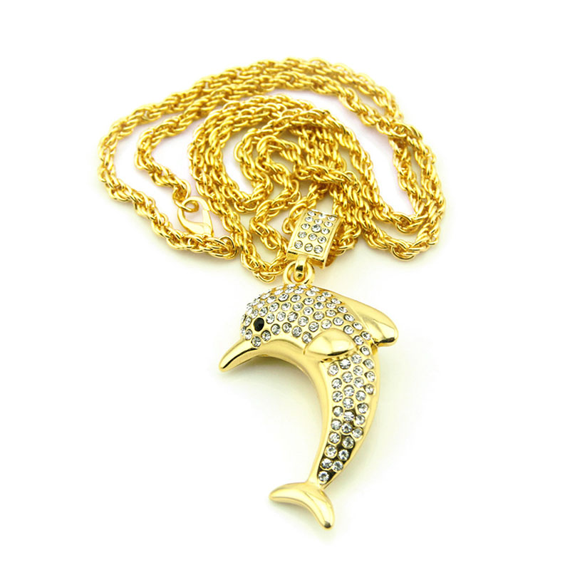 Wholesale Jewelry Men's Necklace Hip Hop Three Dimensional Diamond Encrusted Dolphin Pendant