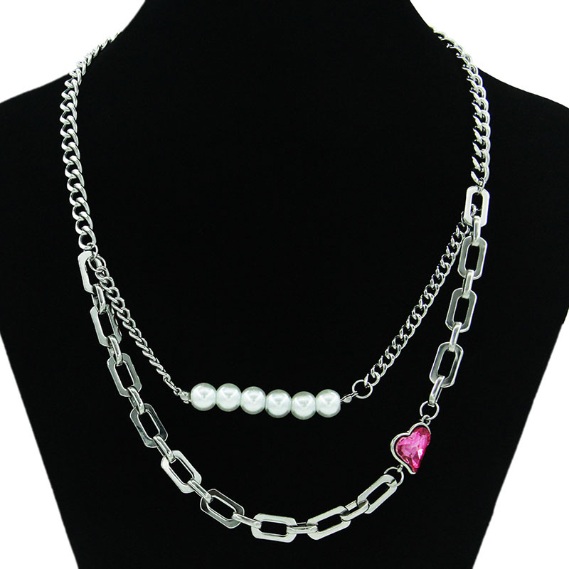 Double Pearl Rhinestone Love Splice Cuban Chain Necklace In Titanium Manufacturer