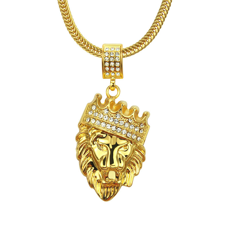 Wholesale Jewelry Men's Punk Three Dimensional Diamond Lion Head Pendant Necklace