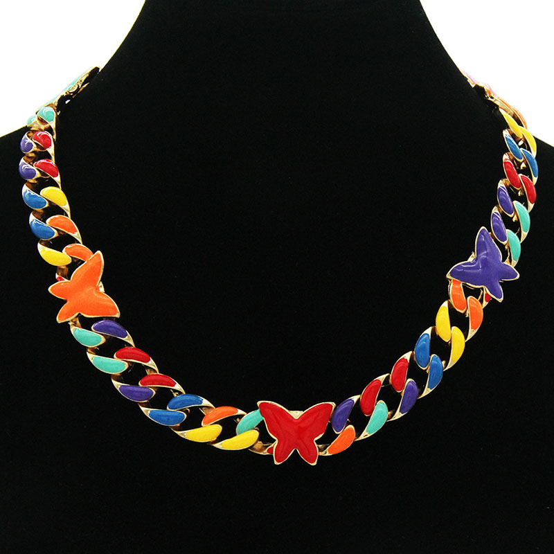 Hip Hop Colourful Oil Drip Butterfly Cuban Chain Necklace Supplier