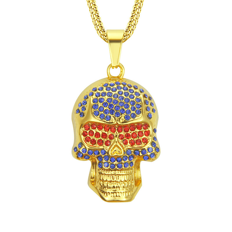 Wholesale Jewelry Personalised Men's Skull Pendant Necklace With Exaggerated Coloured Diamonds