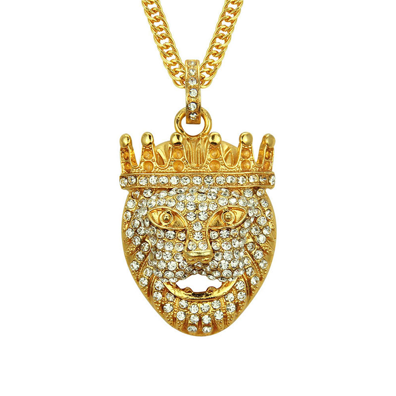 Hip Hop Full Diamond Crown Lion Head Necklace Pendant Supplier