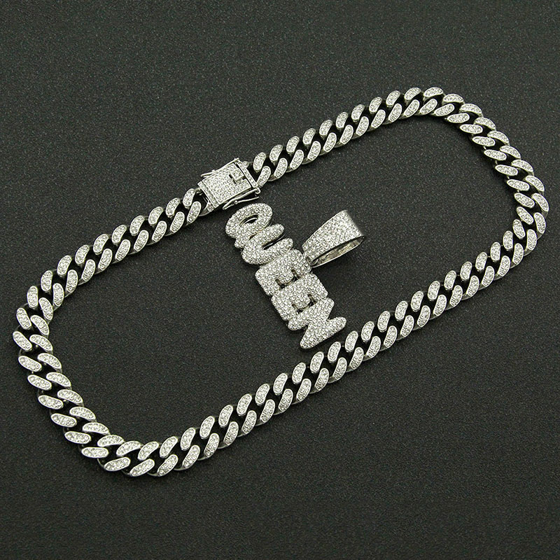 Patchwork Full Diamond Letter Pendant Cuban Chain Necklace Supplier