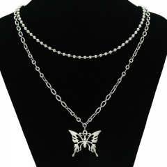 Titanium Steel Double Layer Beaded Chain Butterfly Pendant Clavicle Chain Set Necklace Supplier