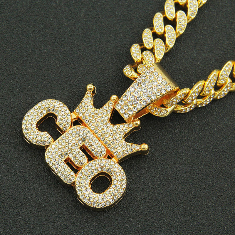 Hip Hop Full Diamond Crown Letter Pendant Cuban Necklace Manufacturer