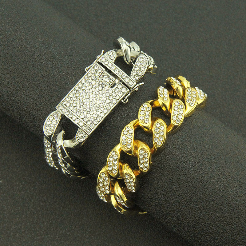 Wholesale Jewelry Men's Wide Gold Plated Bracelet With Full Diamonds Fashion Cuba 20mm