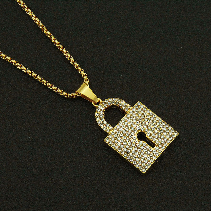 Wholesale Jewelry Full Diamond Lock Shape Pendant Men's Hip Hop Necklace With Diamonds
