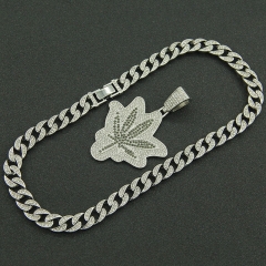 Hip Hop Full Diamond Tree Leaf Maple Leaf Pendant Cuban Chain Necklace Manufacturer