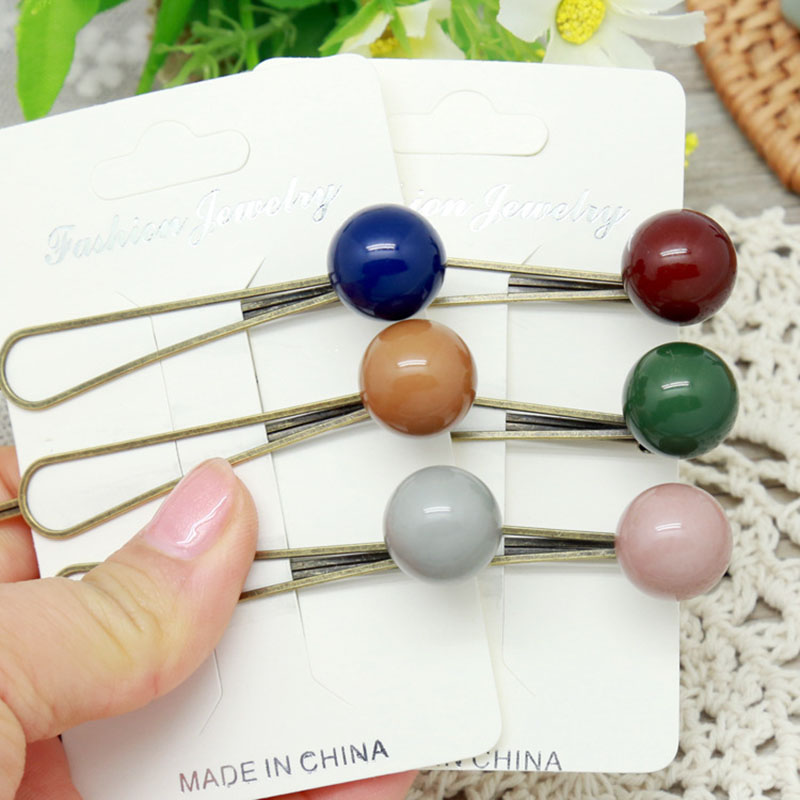 Pure Color Acrylic Cream Beads Hair Clip Round Ball Collision Color A Word Pill Hair Card Distributor