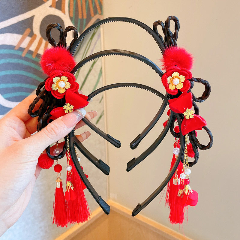 Children's Wig Braid Hair Band Chinese Wind Red Hanfu Happy Knot Tassel Hair Card Distributor