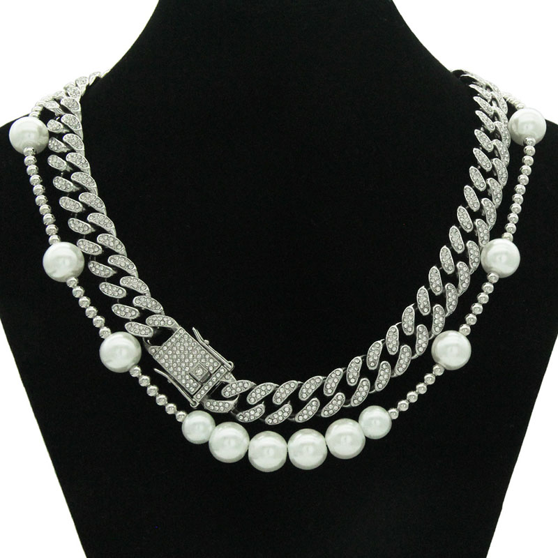 Hip Hop Metal Cuban Chain Set Necklace With Thick Pearls And Full Diamonds Supplier