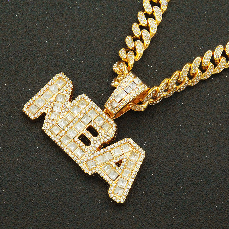 Creative Square Diamond Pieced Letter Pendant Necklace Full Diamond Cuban Chain Supplier