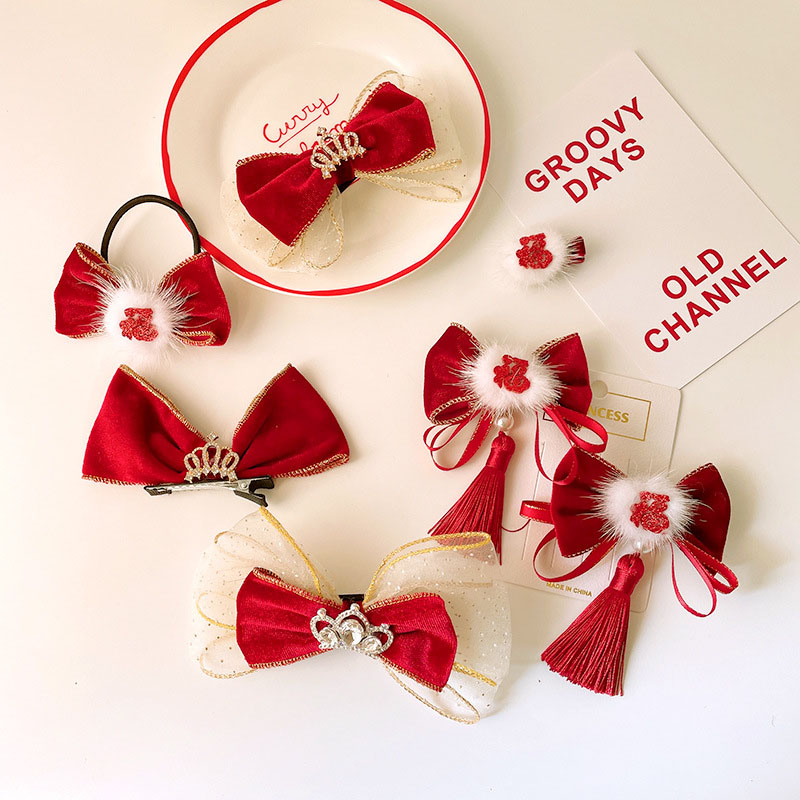 Red Velvet Children's Hair Clip Three-dimensional Crown Bow Hair Card Distributor