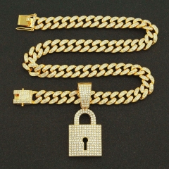 Creative Diamond Studded Lock Pendant Necklace With Wide Section Cuban Chain Supplier