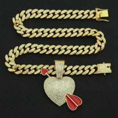 Hip Hop Full Diamond Three Dimensional One Arrow Through The Heart Pendant Necklace Supplier