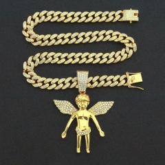 Hip Hop Diamond Studded Angel Wings Pendant Necklace Cuba Chain Supplier