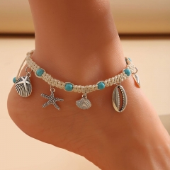 Beach Cord Models Starfish Sea Wave Pattern Shell Pendant Embedded Turquoise Anklet Supplier