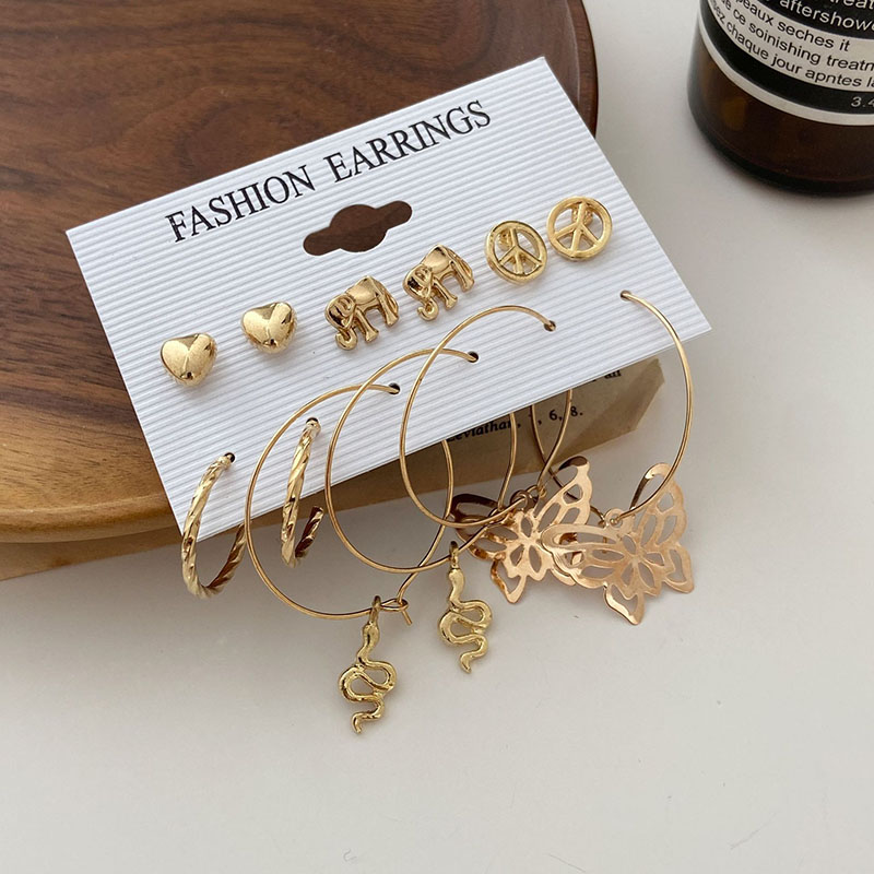 Vintage Metal Peach Heart Diamond Earrings Set Of 6 Pairs Of Creative Full Diamond Butterfly Hollow Distributor