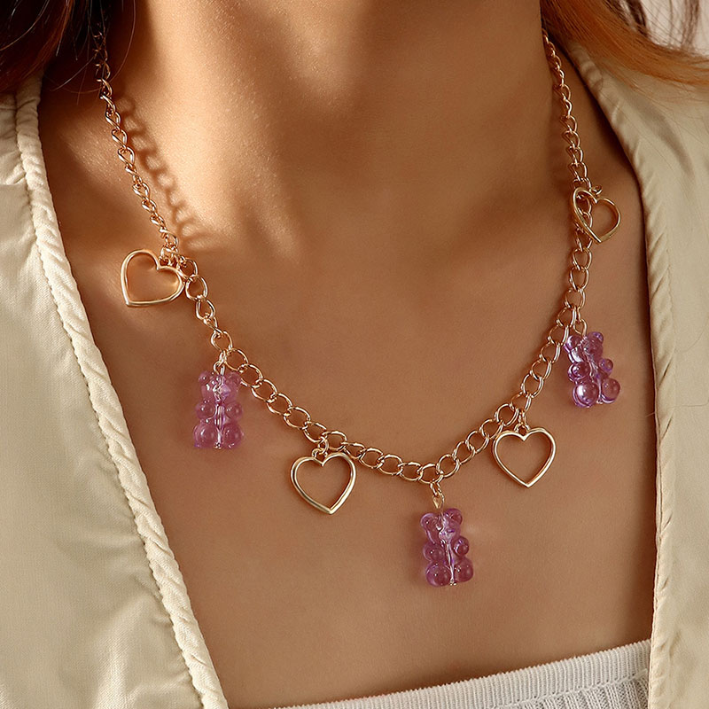 Resin Bear Peach Heart Pendant Necklace Metal Chain Clear Luxury Niche Female Necklace Earrings Distributor