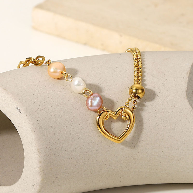 18k Gold-plated Colorful Pearl Bracelet Stainless Steel Heart-shaped Charm Pearl Bracelet Female Jewelry Distributor