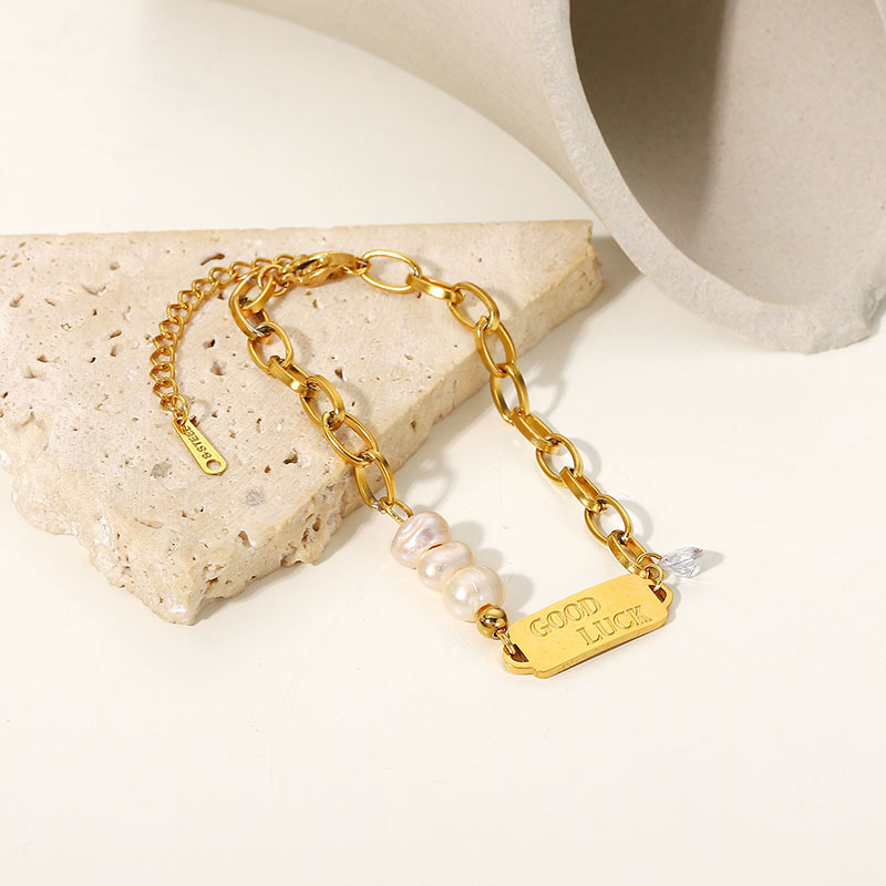 18k Gold-plated Chain Pearl Splice Bracelet Stainless Steel Good Luck Freshwater Pearl Bracelet Distributor
