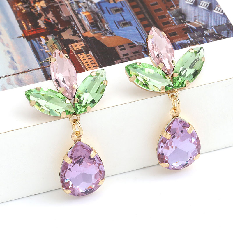 Wholesale Jewelry Fashion Colored Diamond Series Multi-layer Alloy With Diamonds Teardrop-shaped Glass Diamond Floral Earrings