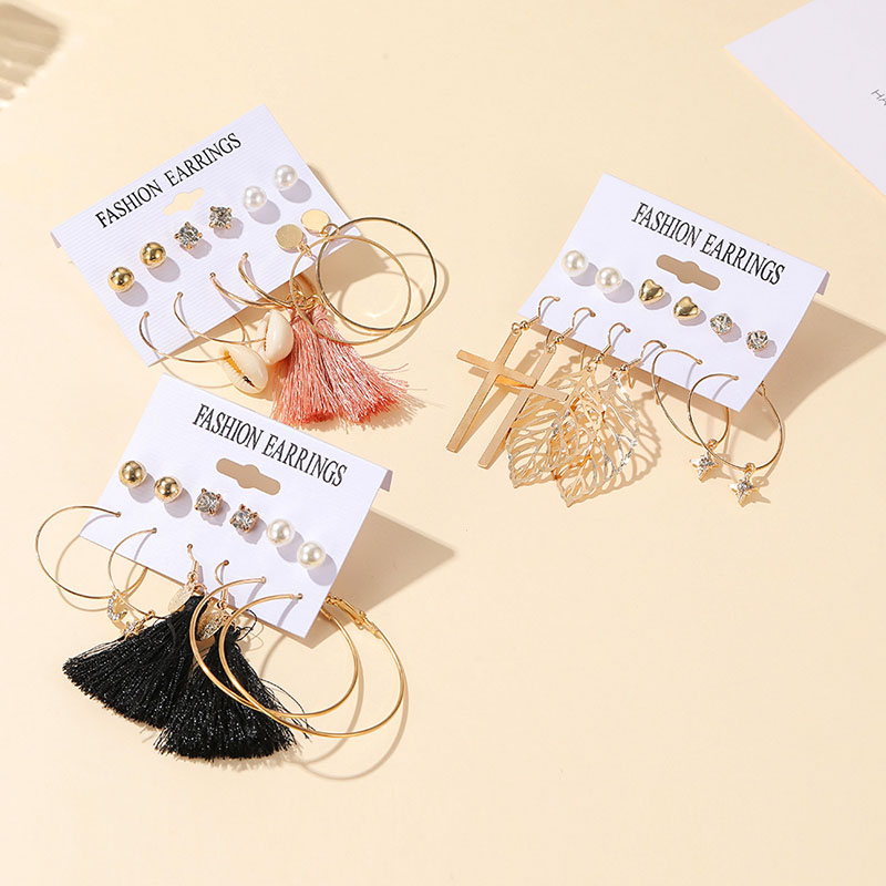 Wholesale Jewelry Leopard Print Pearl Tassel Earrings Set Creative Simple Geometric Metal 6 Pieces Earrings