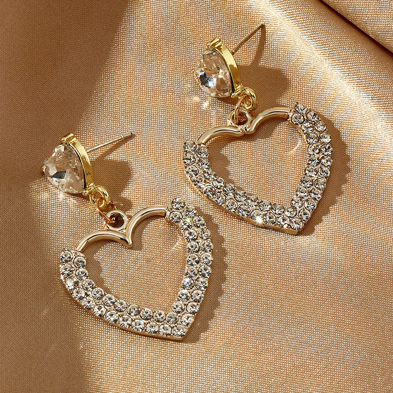 Wholesale Jewelry Light Luxury Style Earrings Ladies Temperament Full Of Diamonds Geometric Double Zirconia Love Earrings