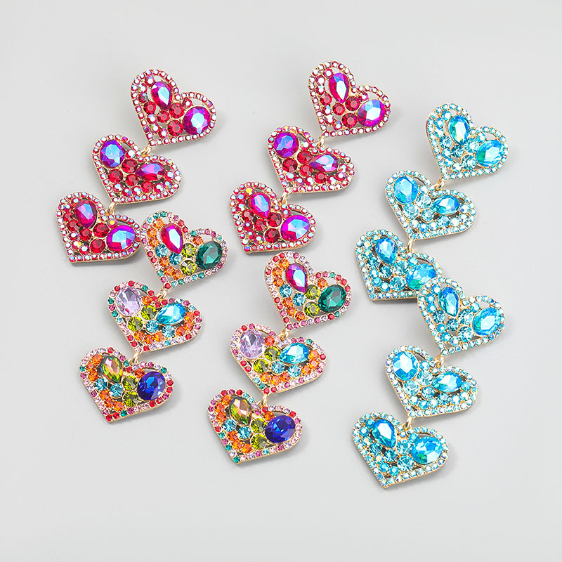 Wholesale Jewelry Fashion Colorful Diamond Series Alloy Multi-layer Love-shaped Diamond-encrusted Rhinestone Full Diamond Earrings