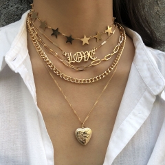 Vintage Chain Opening Peach Heart Necklace Female Multi-layer Star-shaped Love Geometric Necklace Supplier