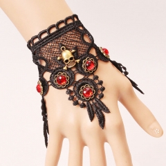 Wholesale Jewelry Vintage Black Lace Bracelet Skull With Red Crystals Vintage Halloween