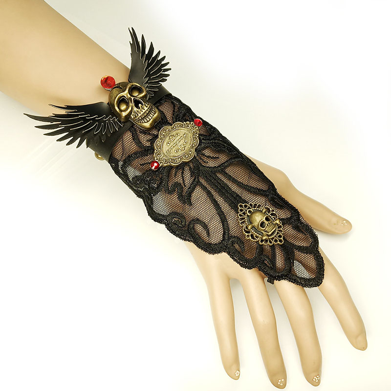 Wholesale Jewelry Vintage Skull Wings Black Lace Bracelets Gloves Halloween