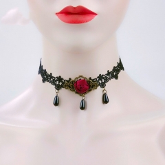 Wholesale Jewelry Vintage Black Lace Collarbone Chain Crimson Rose Necklace Halloween