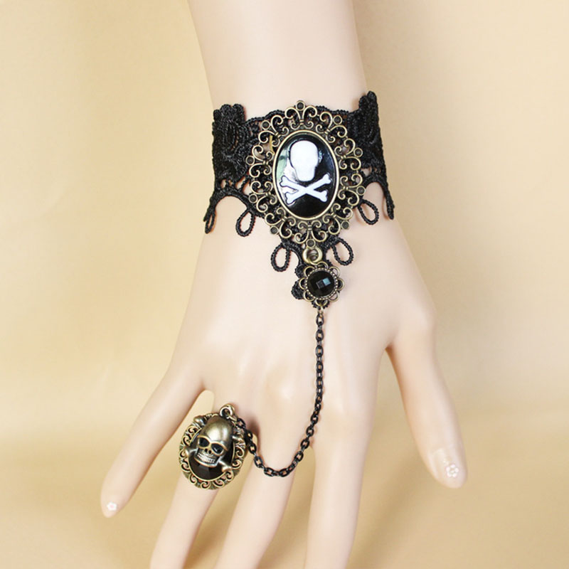 Wholesale Jewelry Vintage Halloween Black Lace Pirate Skull With Ring One Piece Bracelet