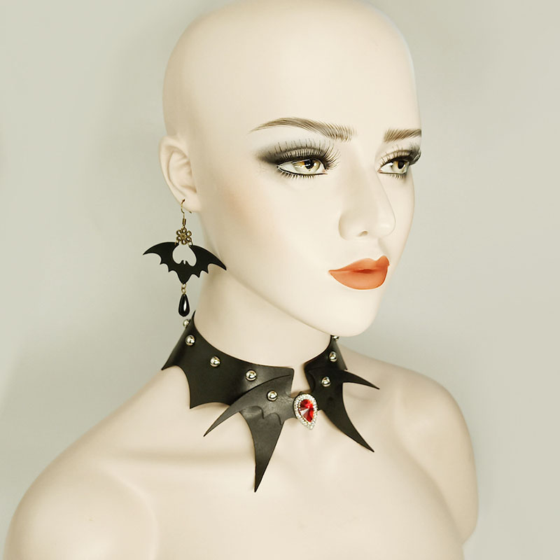 Black Leather Set Necklace Earrings Halloween Bat Distributor